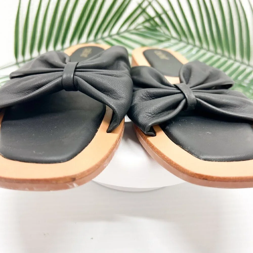 CREVO Kitty Bow Leather Slide Sandal Size 6 Black Square Open Toe Flats
